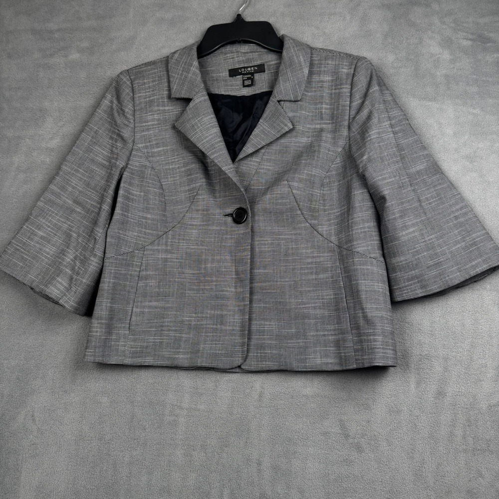 Louben Petite Grey Check Cropped Blazer Jacket 3/4 Sleeve Single Button Size 8P